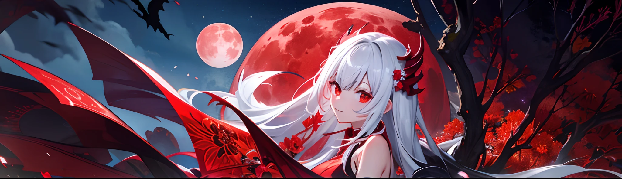 Bright red full moon、、top-quality、masutepiece、(Fractal Art:1.3)、(stele:1.1) (florals:1.3)、Bright red full moon、Vampires、Bright red world、Bat on the full moon、white hair、amaryllis、