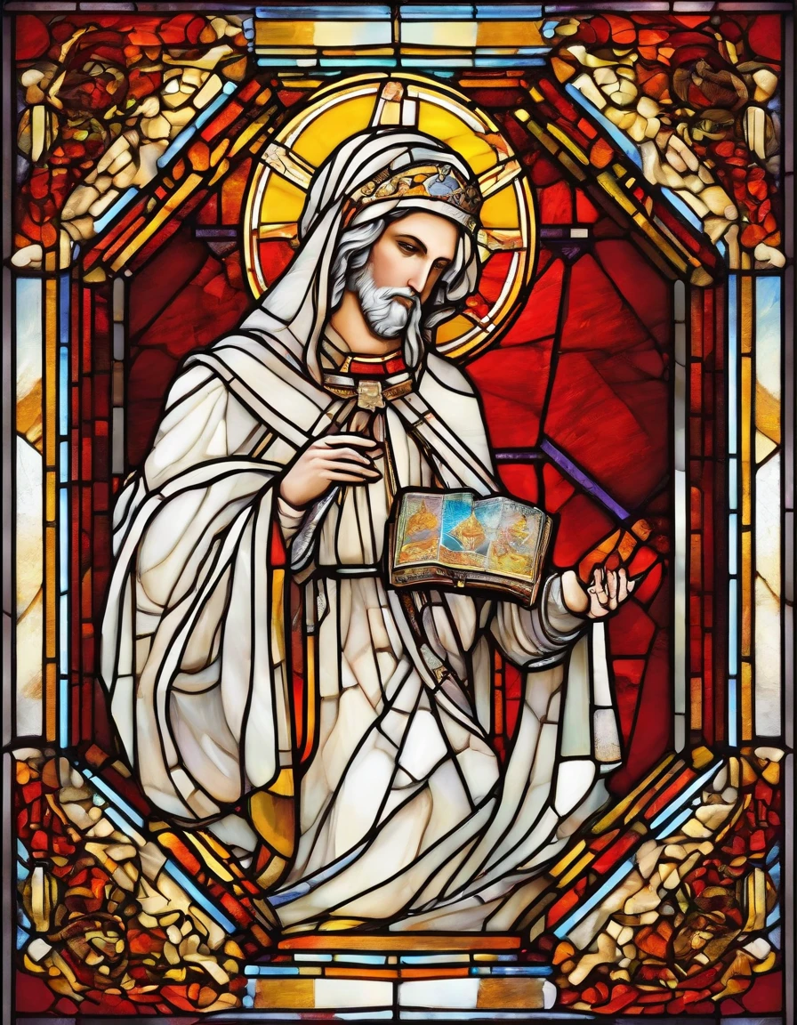 make an pathetic stylized icon of a saint from the portrait, use computer elements, game pads, money, electronic games elements, in a white half mask, grandes asas de anjo, vestido vermelho longo, innocence