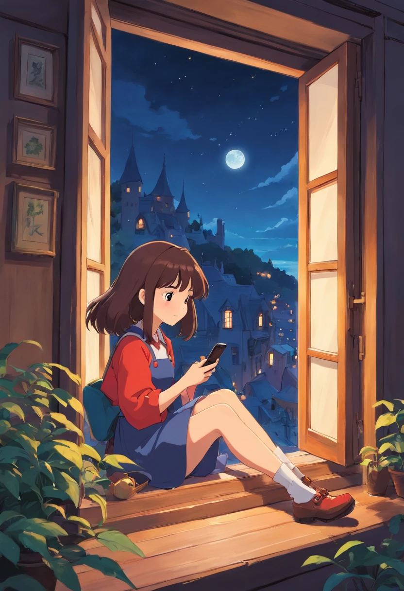 Witch Delivery Service,Girl playing with her phone by the window,Medium length brown hair,grieves,Ghibli style,Background of living in Croatia,the night,The light outside the window was dim,