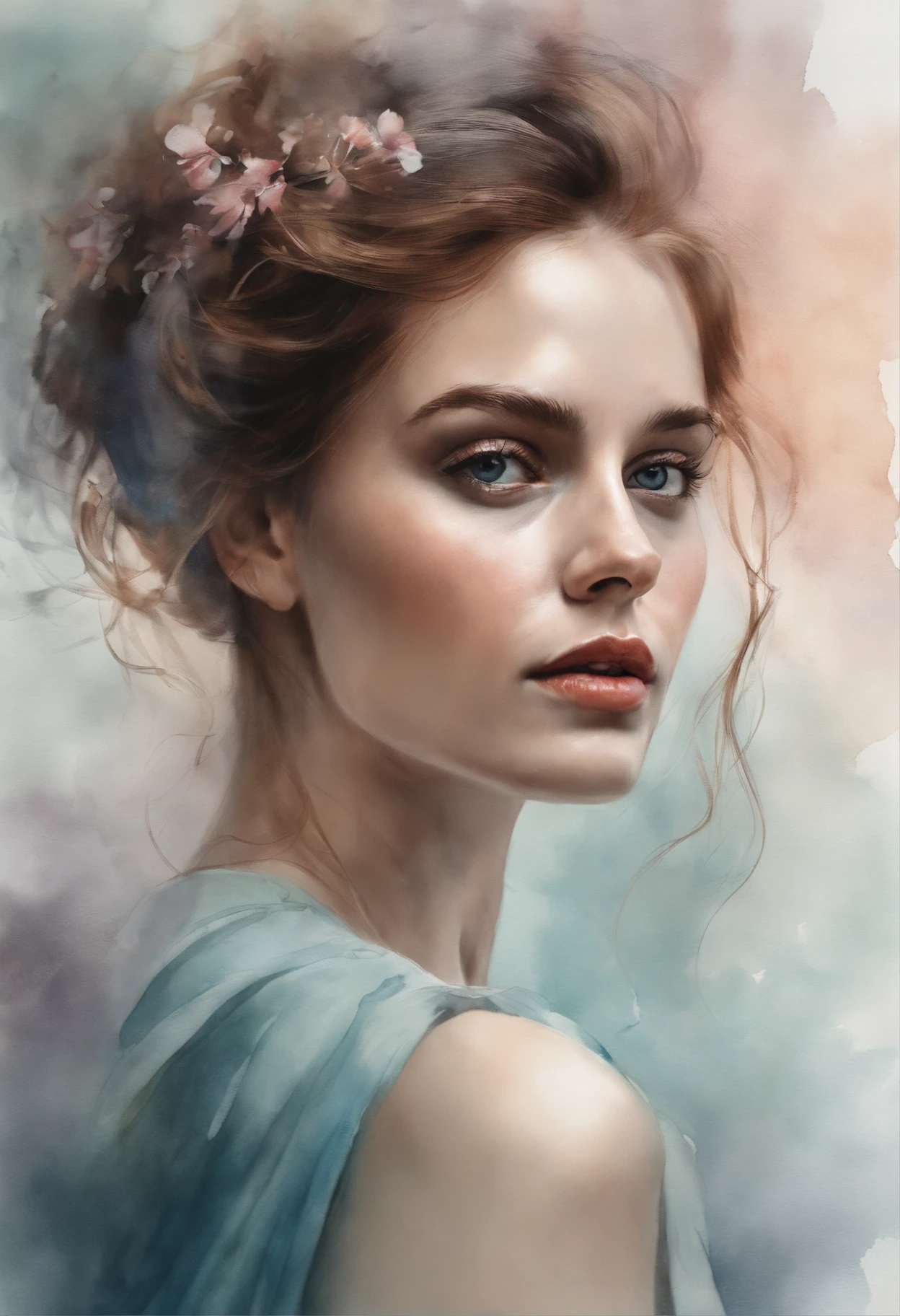 (8k, best quality, master part:1.2),(best quality:1.0), (ultrahigh-resolution:1.0), Aquarelas, uma mulher bonita, ombro, fita tress, parte superior das pernas,sentado,autor：agnes cecile, retrato de meio corpo, design brilhante extremamente luminoso, pastels colors, (tinta:1.3), Luzes de outono