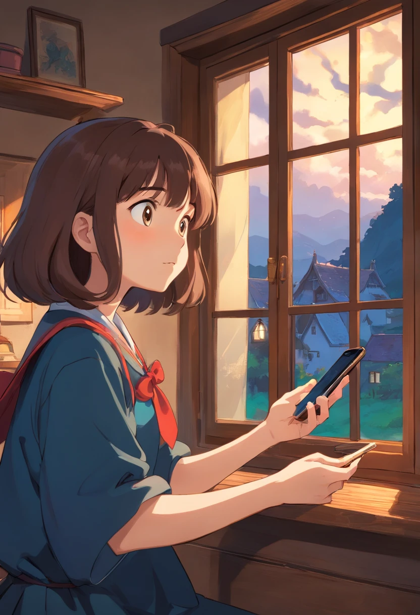 Witch Delivery Service,Girl playing with her phone by the window,Medium length brown hair,The upper part of the body,grieves,Ghibli style,Background of living in Croatia,the night,The light outside the window was dim,