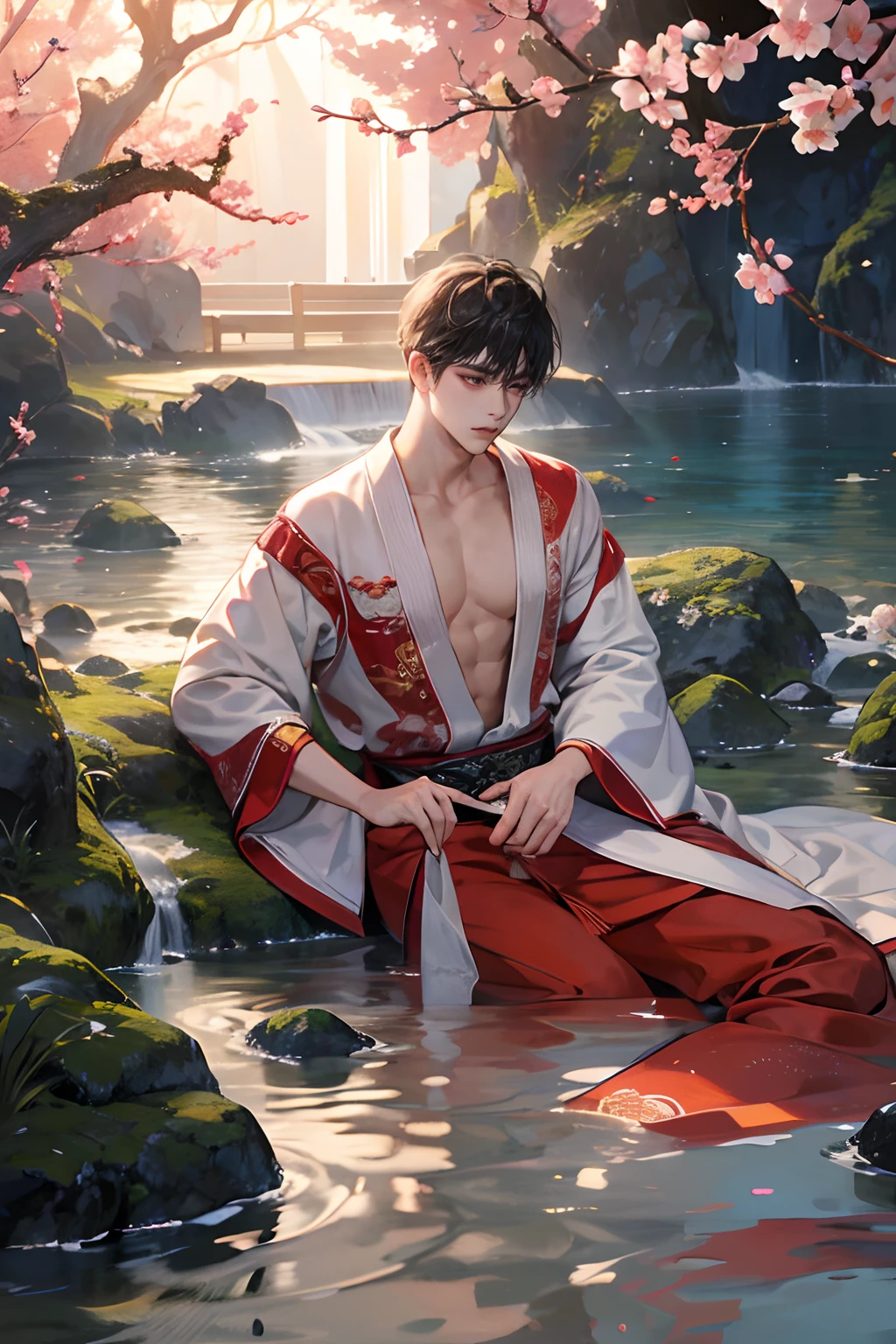 1 boy, Young male, Detailed eyes and faces, Perfect male body, eye looking to camera, (long hair, half body inside water, Topless, bathe in water, wet hair and body),Chinese clothing, China Landscape, Outdoor, peach blossoms, pine trees, waterfallr, portrait, color difference, Depth of field, dramatic shadow, Ray tracing, Best quality, Cinematic lighting, Extremely detailed CG, 8k wallpaper,