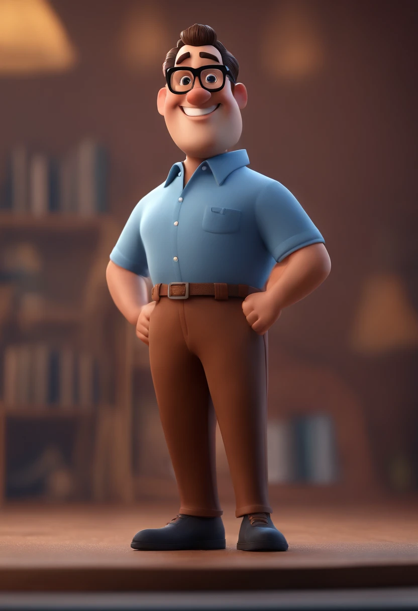 Cartoon character of a man with black glasses and a blue shirt, animation character, Caractere estilizado, animation style rendering, 3D estilizado, Arnold Maya render, 3 d render stylized, toon render keyshot, Personagem 3D, Personagem 3D, 3d rendering stylized, 3 d character render, personagem de desenho animado, Personagem de close up, Pose de personagem,  (Estilo Pixar) (master part:1.2) (Bokeh) (best quality) (pele detalhada) (textura detalhada) (8k) (argila) (Cinematic lighting) (foco nítido