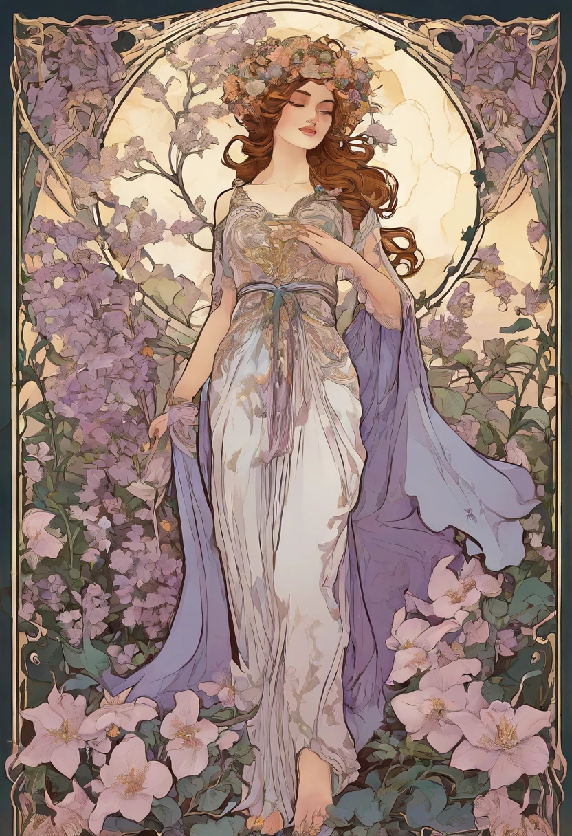 8K.Poster illustration in Alphonse Mucha style, Flat painting, Beautiful western woman in lilac ankle-length long dress, Emmawatoso,holding a bouquet of white lilies,Full body like,slenderbody,barefoot,Art Nouveau, Plants in the background, nffsw, masutepiece, Alfonse Mucha, high details