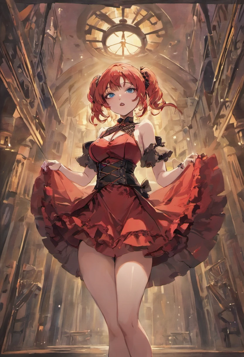 Tall, gorgeous, busty, teasing, smug woman, pale skin, blue eyes, red steampunk dress, black lace panties, panties visible under skirt, lifting skirt, teasing, big boobs, corset, red lipstick, spread legs, black stockings, naughty, wet panties, bob haircut, black bobbed hair, full lips, big blue eyes, showing panties