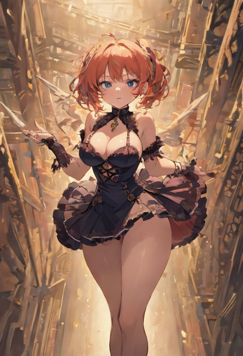 Tall, gorgeous, busty, teasing, smug woman, pale skin, blue eyes, red steampunk dress, black lace panties, panties visible under skirt, lifting skirt, teasing, big boobs, corset, red lipstick, spread legs, black stockings, naughty, wet panties, bob haircut, black bobbed hair, full lips, big blue eyes, showing panties