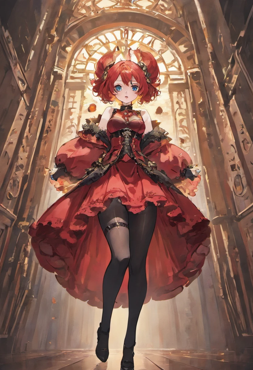 Tall, gorgeous, busty, teasing, smug woman, pale skin, blue eyes, red steampunk dress, black lace panties, panties visible under skirt, lifting skirt, teasing, big boobs, corset, red lipstick, spread legs, black stockings, naughty, wet panties, bob haircut, black bobbed hair, full lips, big blue eyes, showing panties