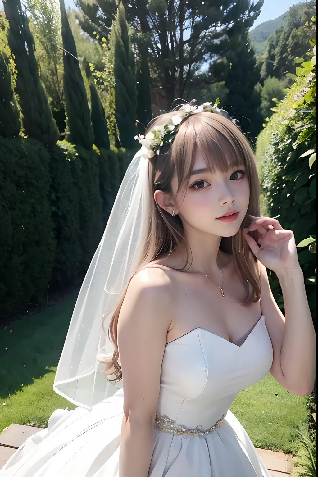 A girl,16 year old,european countryside,blonde,bangs bangs,pretty face,wedding dress,thick muscular arms