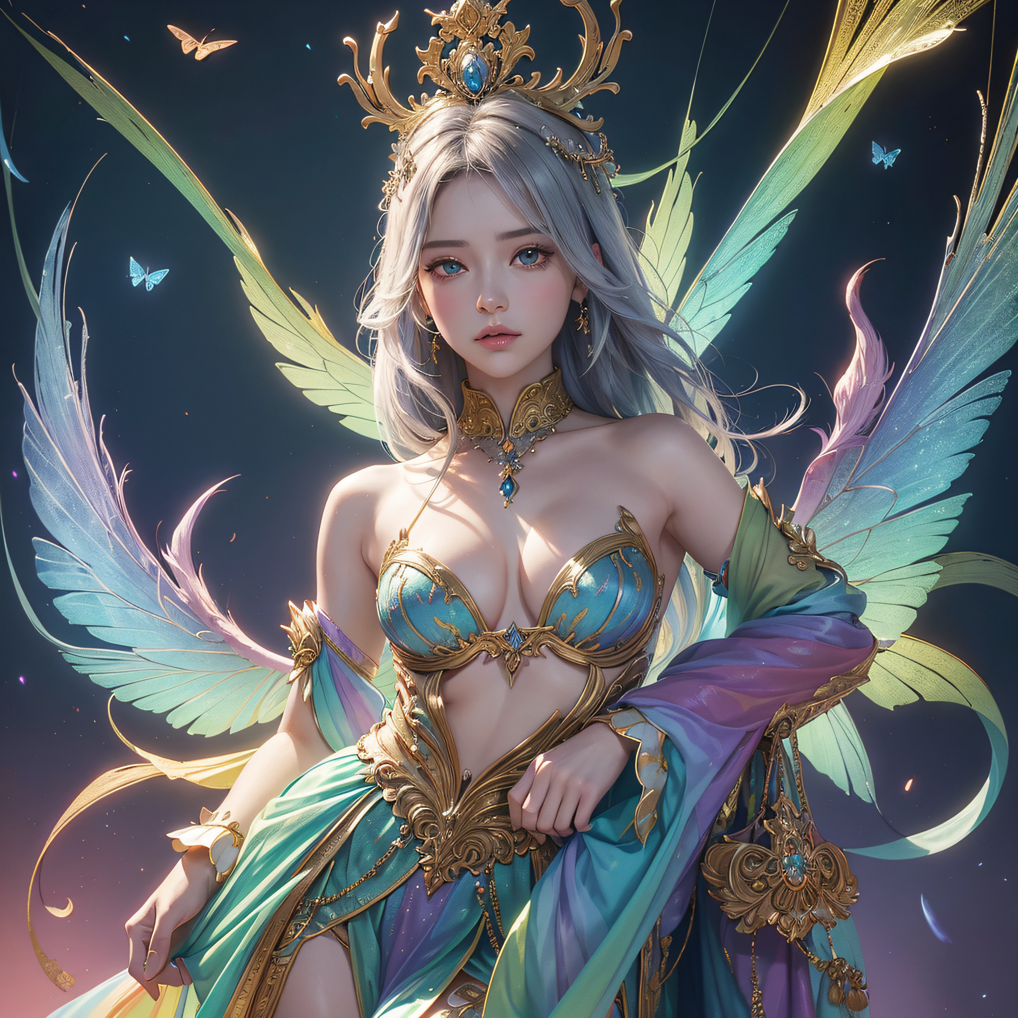 (((masutepiece))), (((opulent))), (((Best Quality))), ((Ultra-detailed)), (High Definition CG Illustration), ((extremely delicate and beautiful)), Cinematic Light. Create stunning fantasy artwork，Imitate the styles of currently popular genre masters. Artwork includes、It should contain rich and ornate elements of mythological fantasy and fairytale fantasy，Eta、With colorful rainbow accents and deep gemstone tones. ((Use a rainbow as the main color scheme.)) The characters in the work are delicate, but they are petite and strong，It exudes an aura of mystery and magic. Pay close attention to complex facial features, For example, Seductive eyes with bright colors and bold shadows. Character clothing should be designed with gossamer feathers, Silk, Amazing embroidery, and subtle iridescent details. MERGE (((Translucent rainbow))), dreamy colors, Dynamic lighting, and detailed background elements，Create awe and immersion. ((These include、Colorful flying magic birds and、Includes jewel-colored iridescent butterflies that exude a magical halo.)) Thinking about the latest trends in fantasy art, Incorporate unique lighting effects, etc., Explore dynamic and compelling compositional techniques, Eta、Experiment with a unique color palette. Get inspired by top artists from Art Station and Mid-Journey. camera: Emphasize the beauty of the character、Choose an angle that enhances the magical majesty of your artwork. Lighting: Creating Depth and Atmosphere with Atmospheric Lighting Technology. resolution: Aim for high-resolution artwork，Showcase intricate details and clarity. Artistic inspiration: Get inspired by popular artists at the art station, Explore different styles, genre, and themes.huge udder