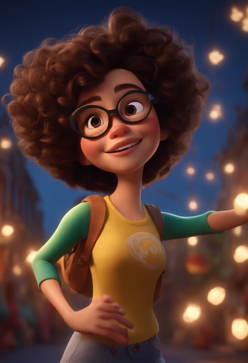 Pixar style image with 3D character white glasses brunette woman short curly hair dancing, Maquiagem Disney,Pescador, bonitinho, sorridente ,Close-up, Pixar, Disney, Cinema lighting, usando uma bolsa tiracolo
