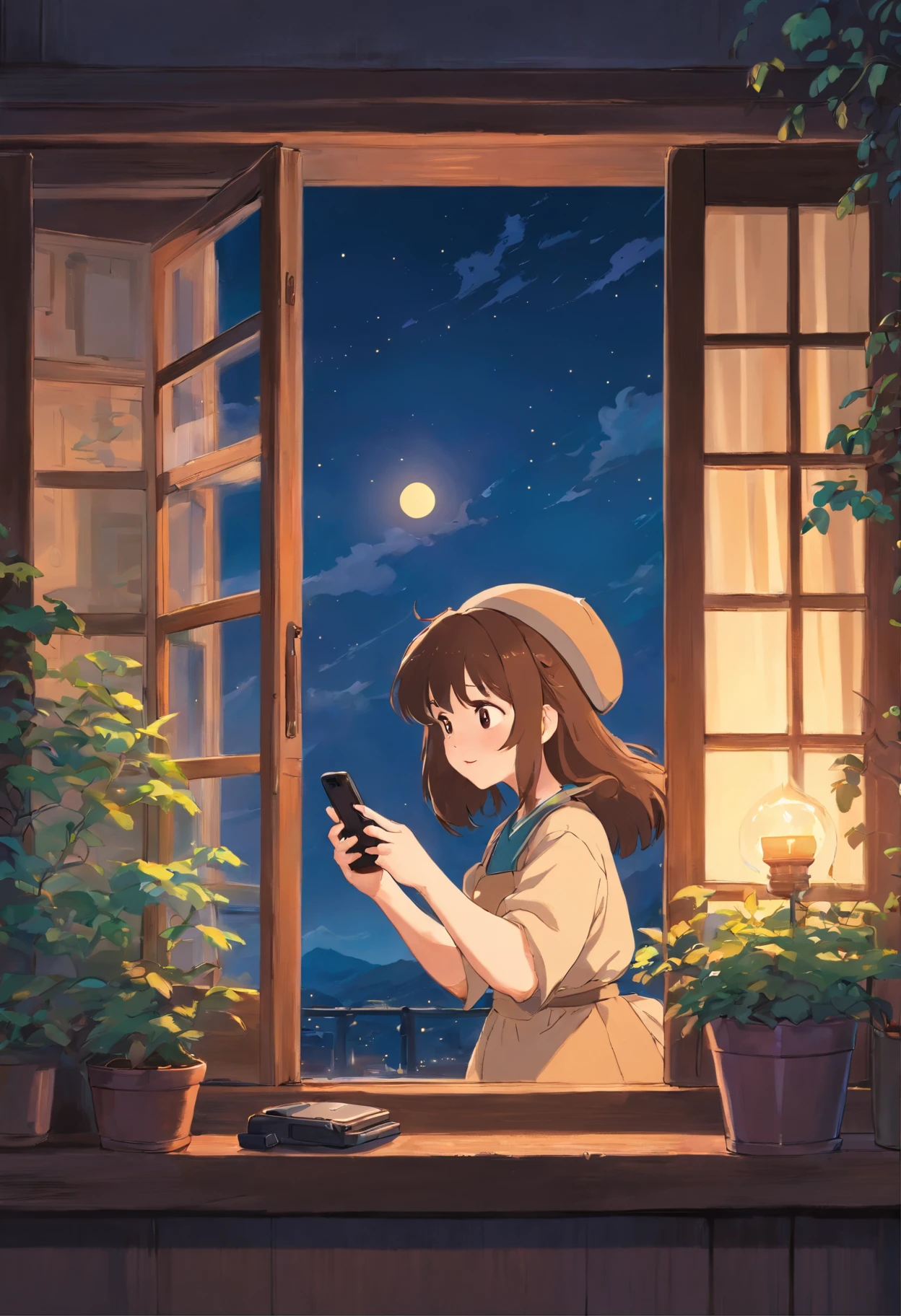 Witch Delivery Service,Girl playing with her phone by the window,Medium length brown hair，grieves，Ghibli style,Background of living in Croatia，the night，The light outside the window was dim，