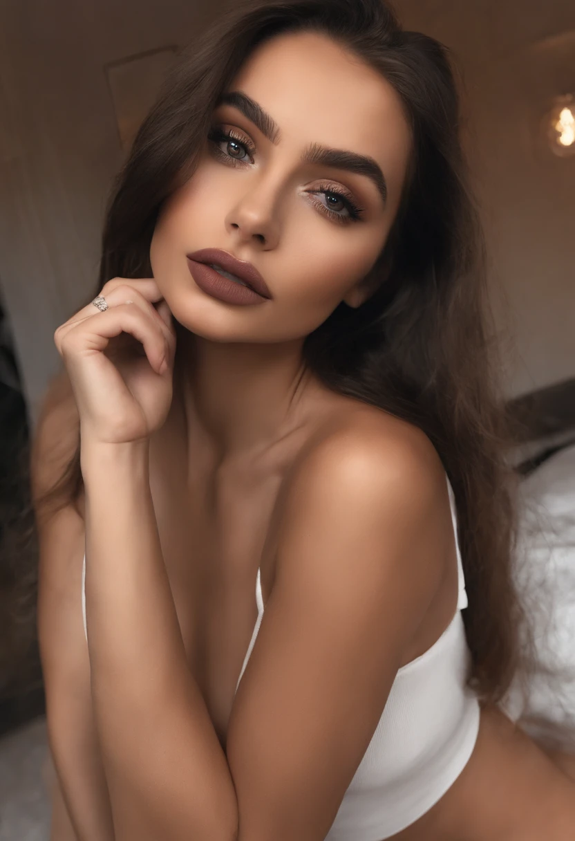 Arafed mujer con ropa negra, Chica sexy con ojos marrones, Retrato Sophie Mudd, brown hair and large eyes, selfie de una mujer joven, Ojos del dormitorio, Violeta Myers, sin maquillaje, Maquillaje natural, staring directly into camera, cara con artgram, maquillaje sutil, Impresionante foto de cuerpo completo, En el dormitorio, escote hiperrealista