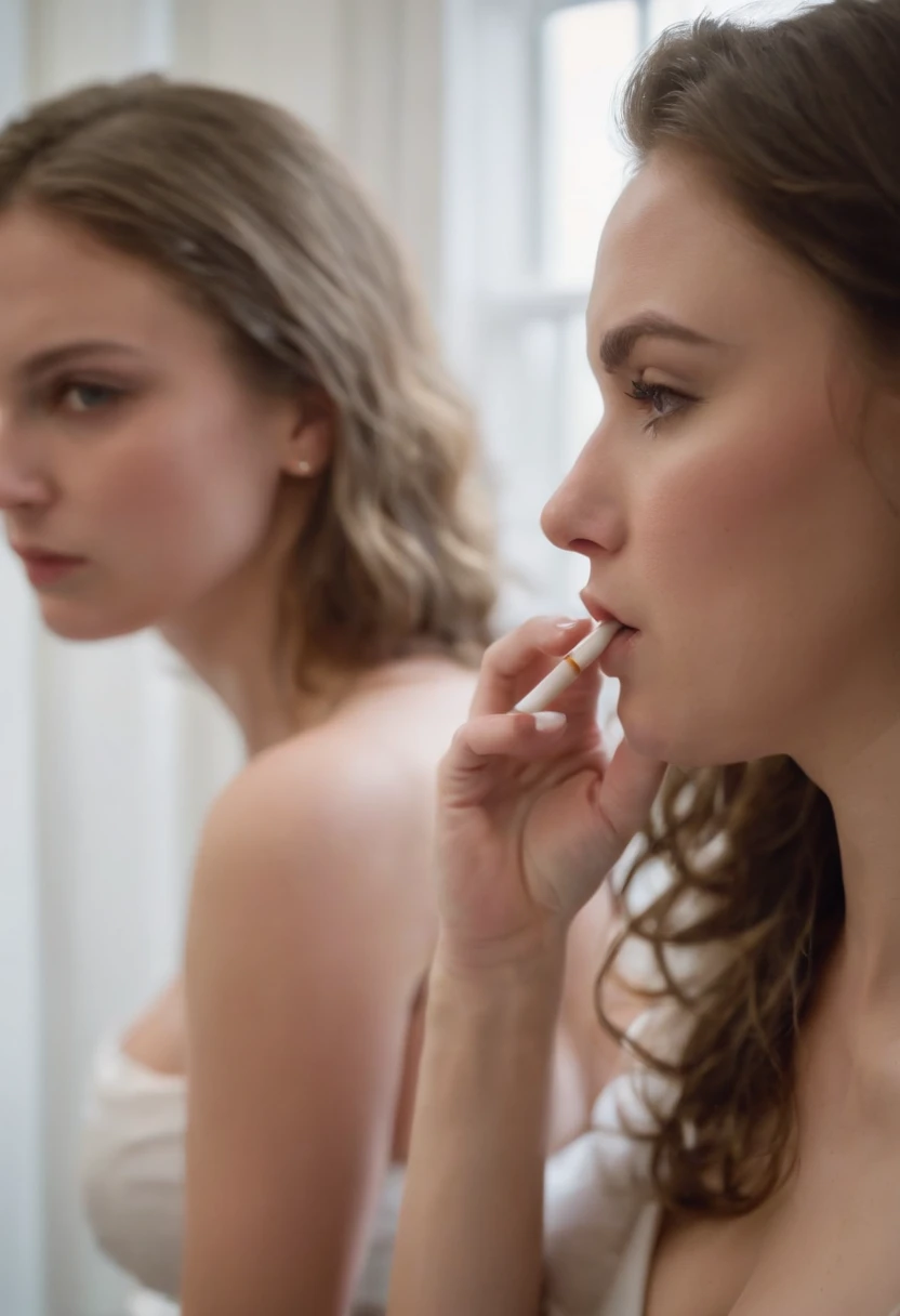 two big boob, catholic school girls, smoking cigarette in bathroom