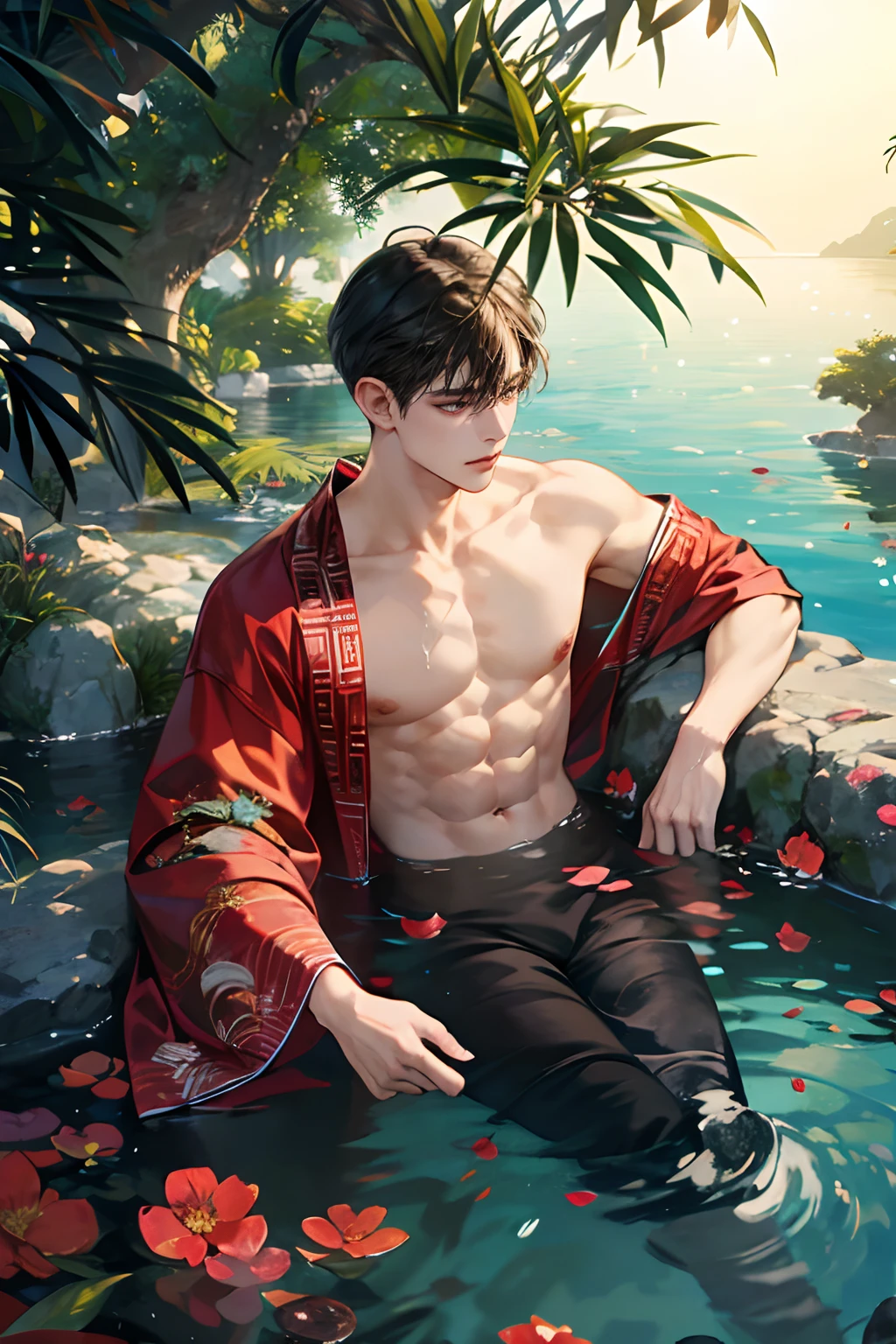 1 boy, Young male, Detailed eyes and faces, Perfect male body, eye looking to camera, (long hair, half body inside water, Topless, bathe in water, wet hair and body),portrait, Chinese clothing, China Landscape, Outdoor, peach blossoms, pine trees, waterfallr, color difference, Depth of field, dramatic shadow, Ray tracing, Best quality, Cinematic lighting, Extremely detailed CG, 8k wallpaper,