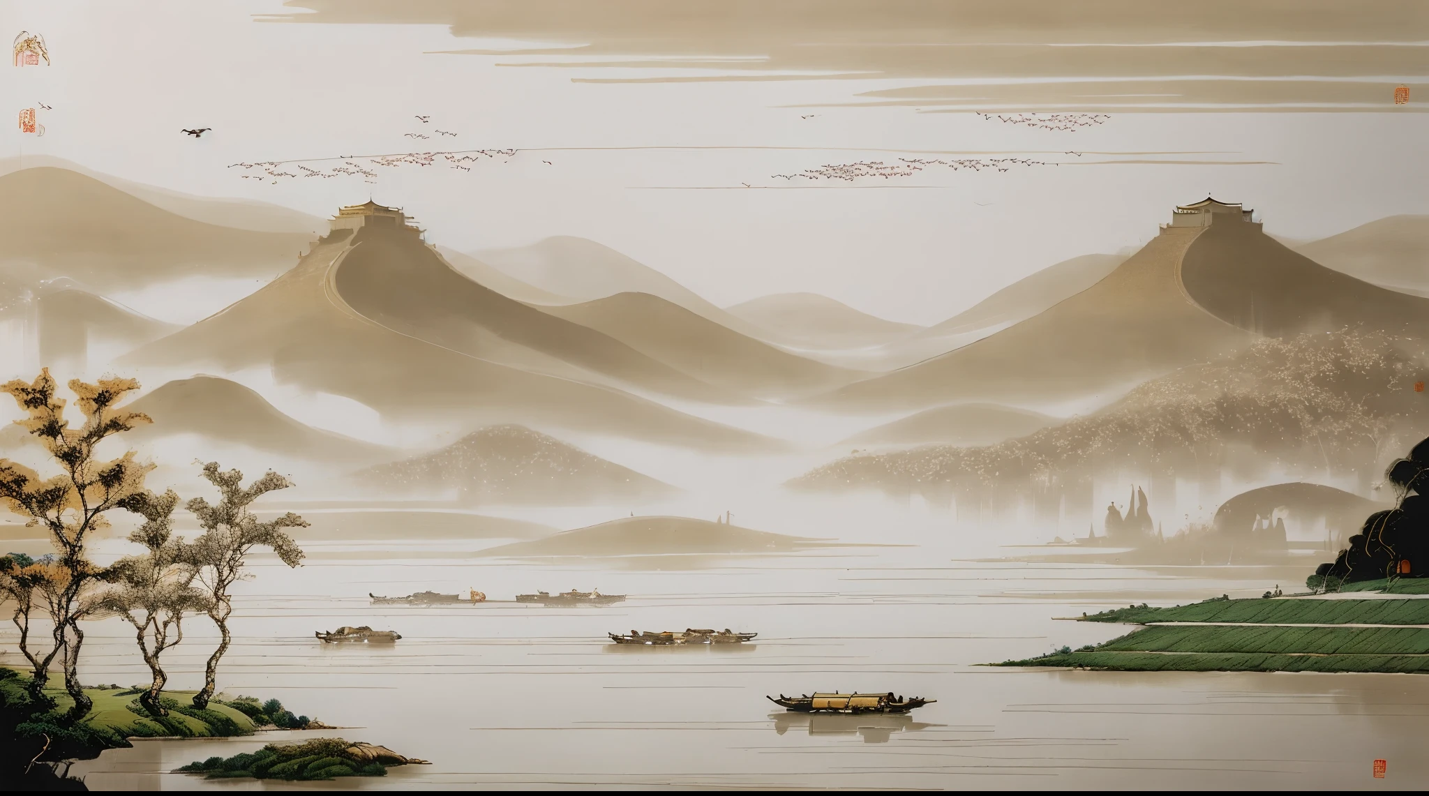 Chinese landscape painting,dark orange and light beige style,Minimalist Song dynasty mural,Dream of Red Mansions,elegant cityscape,birds above the picture,(Masterpiece), (best quality), (exquisitely detailed)(illustrations)