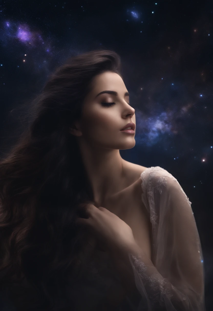 (best quality, master part), 1girl, Posar, Particle, vento, flor, parte superior do corpo, fundo simples, Olhando para o Viewer, cabelo preto selvagem, cosmico, Nebulosas, galaxy