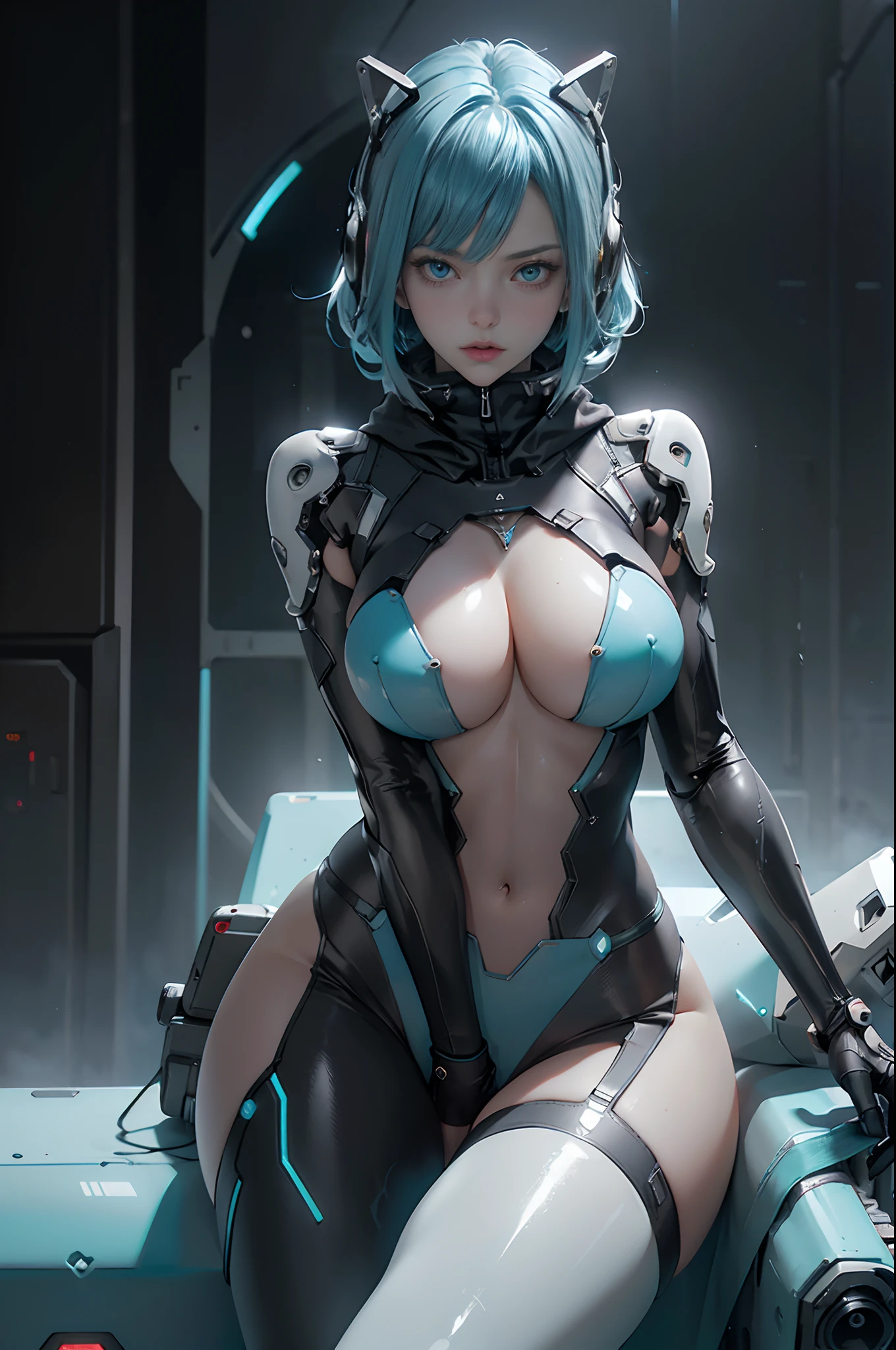 ((of the highest quality)), ((​master piece)), (detail:1.4), (((Translucent with mechanical parts and transparent skin++Black Rubber Material++、++Gray carbon material++Beautiful women in cyberpunk made of))), ((Wide open chest)), mechanical garter belt, Carrying a gas tank with glowing LEDs on your back, Knee Hippel, Hip and thigh skin, Ticker (High dynamic range), Ray tracing, NVIDIA RTX, Super Resolution, Subsurface Scattering PBR Texturing, Post-processing, Anisotropy Filtering, depth of fields, Surface Shading, Accurate simulation of light/Material Interactions, perfectly proportions, Two-tone lighting, Wide aperture, Low ISO, White Balance, 8K, (((Cameltoe))), NSFW, (((Tall Woman))), 25 year old woman, Brilliant LED, knee high, Bulge, Cowboy Shot, Skin of the hips and thighs, Beautiful body, Navel visible on bare skin, Chest to feel gravity, ((Cyber hood with dull glowing LEDs)), ((Headset with glowing LEDs)), (Huge breasts: 1.3), (gargantuan butt: 1.0), Cyberpunk dazzling cityscape, Skyscraper, neon signs, led lights, Bright and vivid color scheme, Bright and vivid color scheme, Sit on a mechanical sofa, Bend over, From below, sexy for, Grasp the left breast with the right hand, ((open one's legs))), Provocative facial expressions, Dull bangs, (((+++Beautiful bright cyan blue hair+++ Straight short hair))), ((Chemical Coloring Inner Hair))), Anatomically correct arms and fingers, the golden ratio