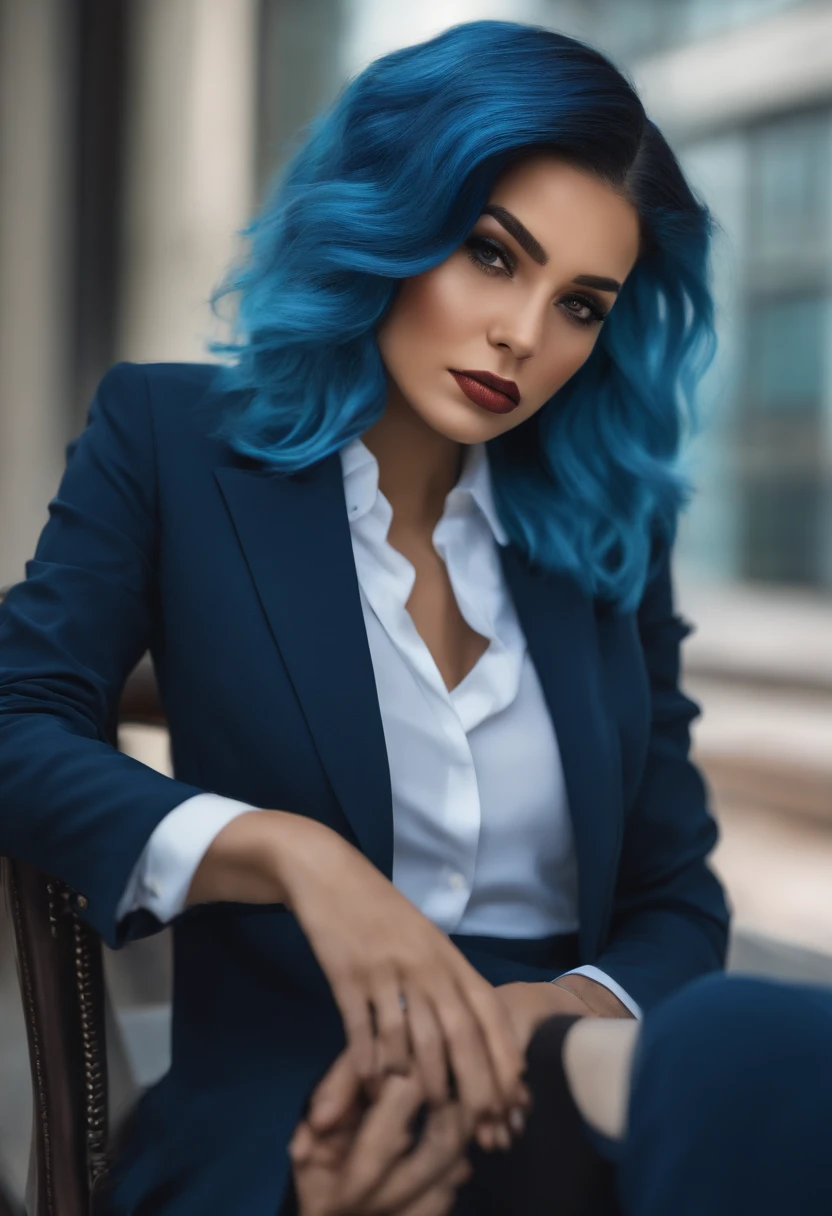 Realistic face of a girl with blue hair, in a business suit and shoes