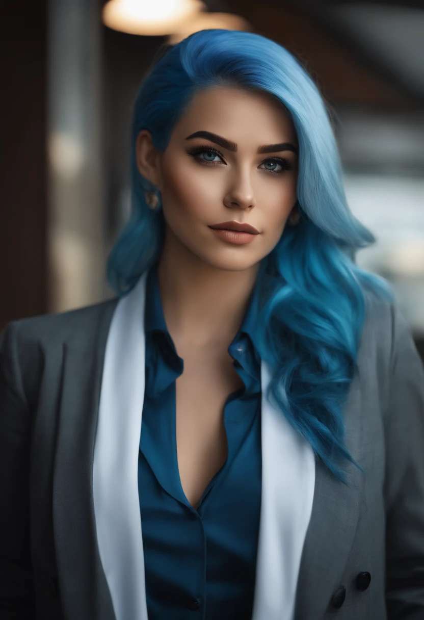 Realistic face of a girl with blue hair, in a business suit and shoes