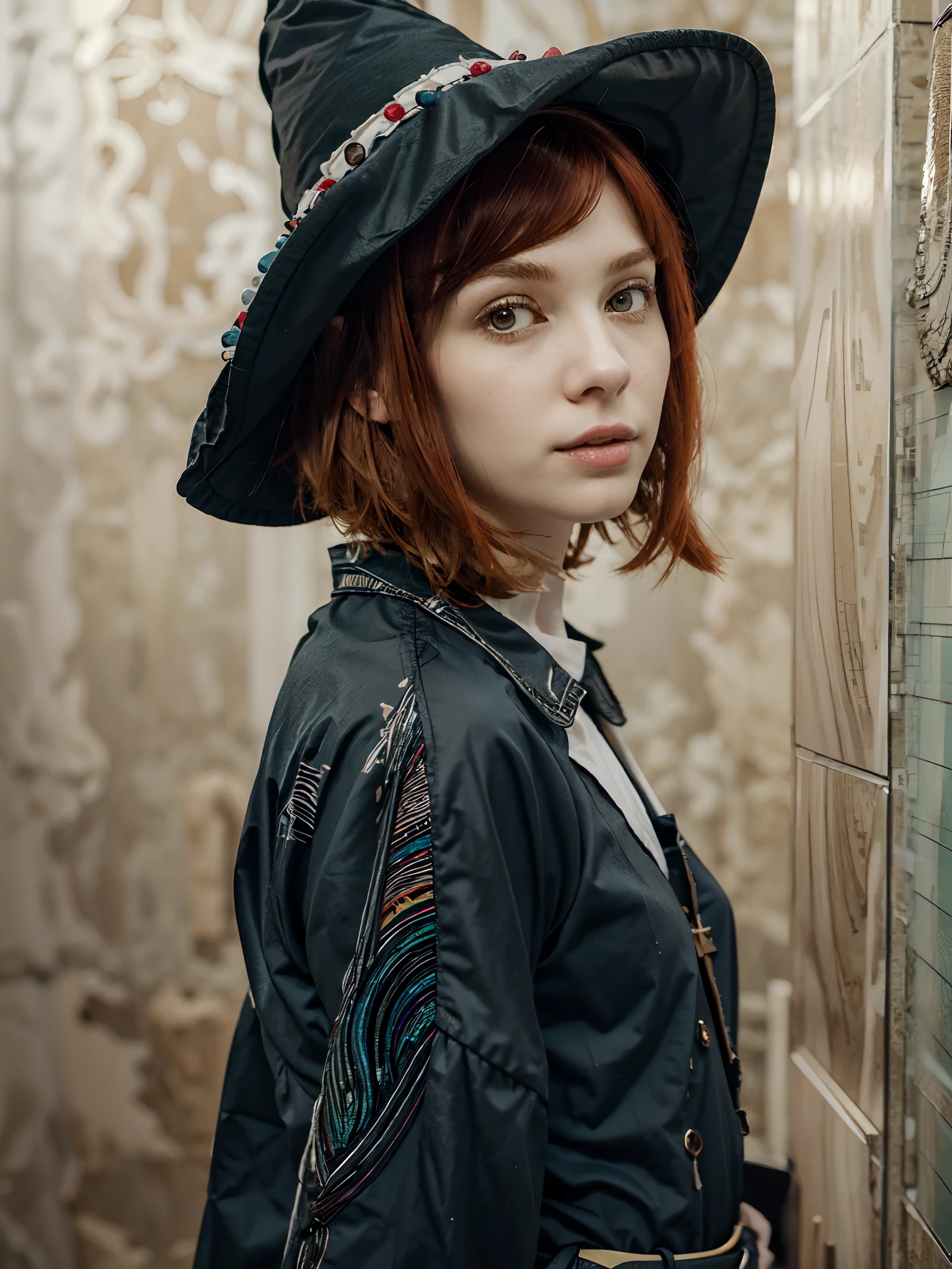 (masterpiece:1.2), (pale skin:1.2), (solo:1.2), (female:1.1), (emphasis lines:1.3), witch hat, red hair, short hair, side bangs, indoors