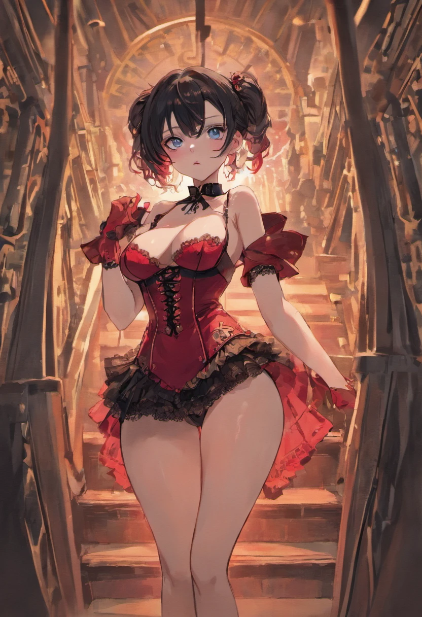 Tall, gorgeous, busty, teasing, smug woman, pale skin, blue eyes, black hair, red steampunk dress, black lace panties, panties visible under skirt, lifting skirt, teasing, big boobs, corset, red lipstick, spread legs, black stockings, naughty, wet panties, bob haircut, black bobbed hair, full lips, big blue eyes, showing panties, short red corset dress, holding up skirt, panties visible