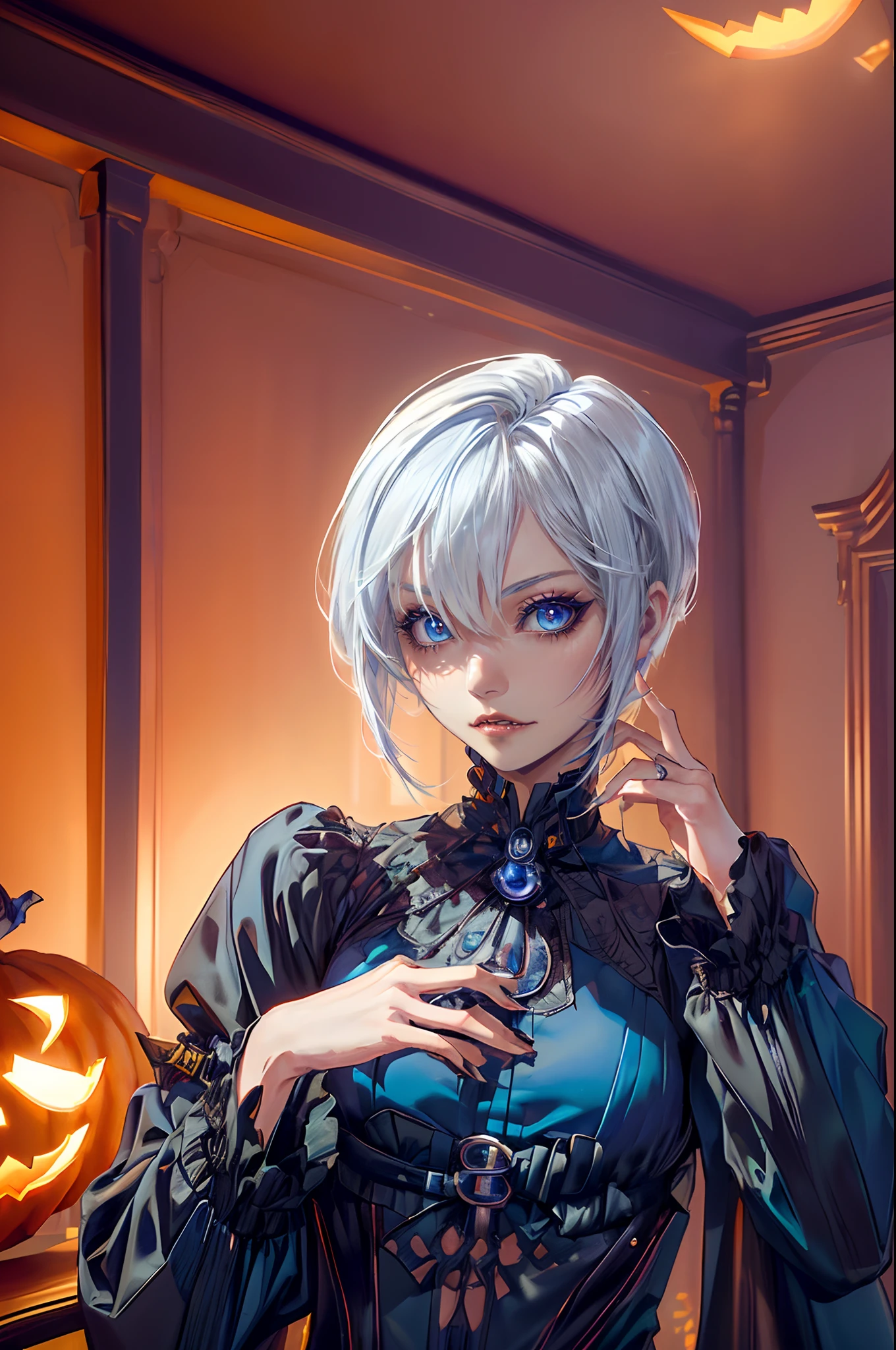 ((4K works))、​masterpiece、(top-quality)、One Beautiful Girl、Slim body、tall、((Cool gothic fashion with long sleeve long pants))、((Halloween Fashion))、(Detailed beautiful eyes)、In a stylish English room、Halloween Party、((Face similar to Carly Rae Jepsen))、((Short-haired white hair))、((Smaller face))、((Neutral face))、((Bright blue eyes))、((American adult women))、((Adult female 26 years old))、((cool lady))、((Like a celebrity))、((Gentle expression))、((Korean Makeup))、((elongated and sharp eyes))、((Happy dating))、((boyish))、((Upper body photography))、Professional Photos、((Shot alone))、((Decorated room for Halloween))、Halloween、((Halloween costumes))