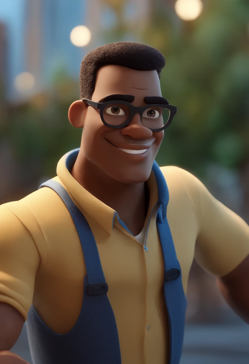 Cartoon character of a black man wearing black glasses and a blue shirt, um personagem animado, Caractere estilizado, animation style rendering, 3D estilizado, Arnold Maya render, 3 d render stylized, toon render keyshot, Personagem 3D, Personagem 3D, 3d rendering stylized, 3 d character render, personagem de desenho animado, Personagem de close up, Pose de personagem, (Estilo Pixar) (master part:1.2) (Bokeh) (best quality) (pele detalhada) (textura detalhada) (8k) (argila) (Cinematic lighting) (foco nítido,Senta e vaza a parte superior do corpo