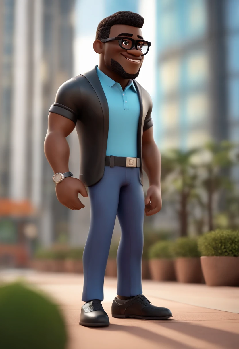 Cartoon character of a black man wearing black glasses and a blue shirt, um personagem animado, Caractere estilizado, animation style rendering, 3D estilizado, Arnold Maya render, 3 d render stylized, toon render keyshot, Personagem 3D, Personagem 3D, 3d rendering stylized, 3 d character render, personagem de desenho animado, Personagem de close up, Pose de personagem, (Estilo Pixar) (master part:1.2) (Bokeh) (best quality) (pele detalhada) (textura detalhada) (8k) (argila) (Cinematic lighting) (foco nítido,Senta e vaza a parte superior do corpo