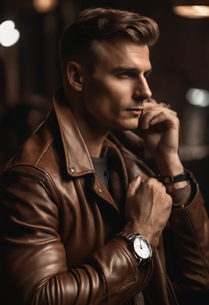 A man in an elegant brown leather jacket, andrzej sykut, Ultra high-definition images, Punk watches, Studio photography, precision (mid closeup), beautiful face, light face