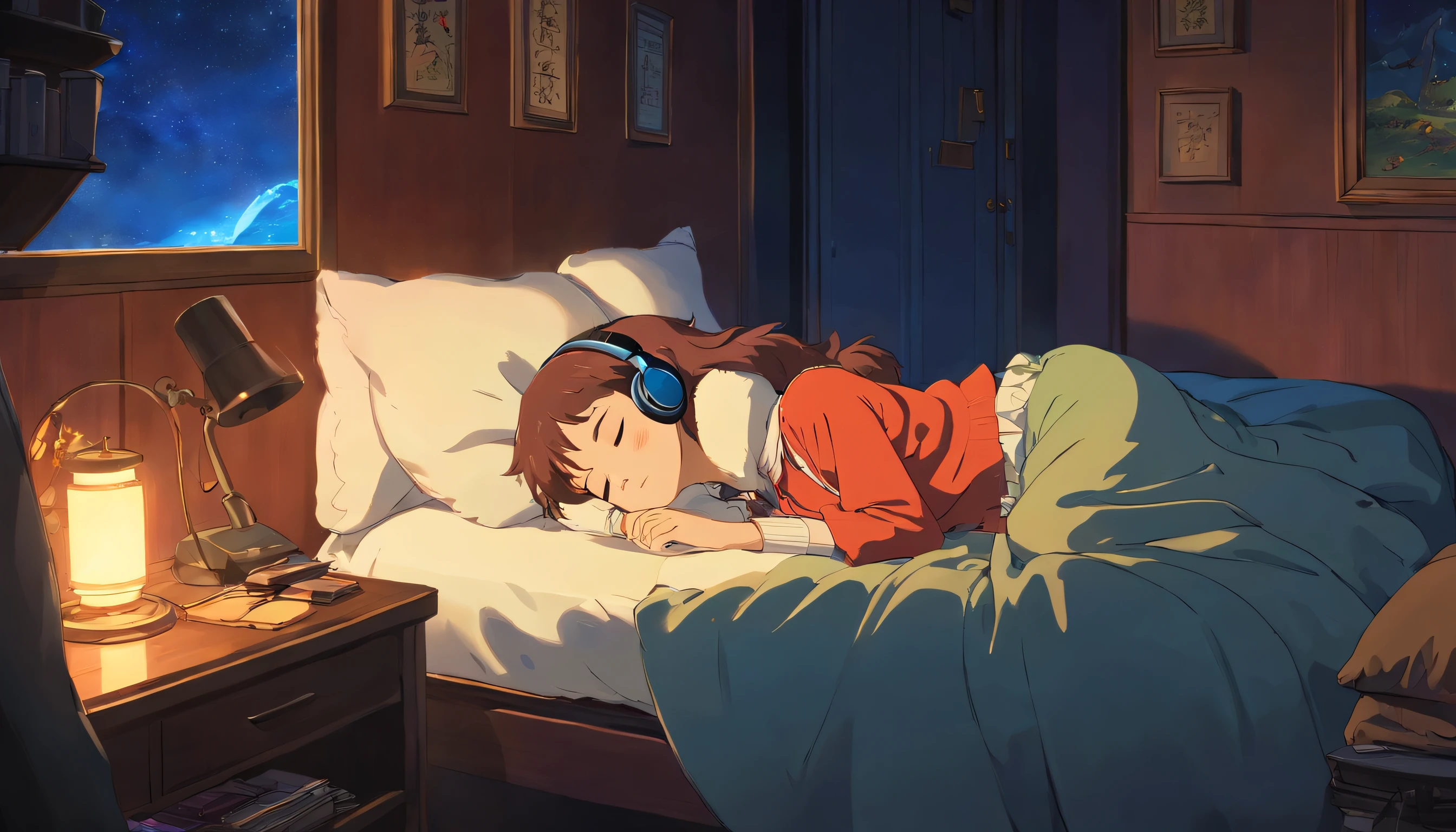 Girl sleeping in a comfortable room at night, Using headphones, 2D style anime, Lo-fi, Hard disk, Dark environment