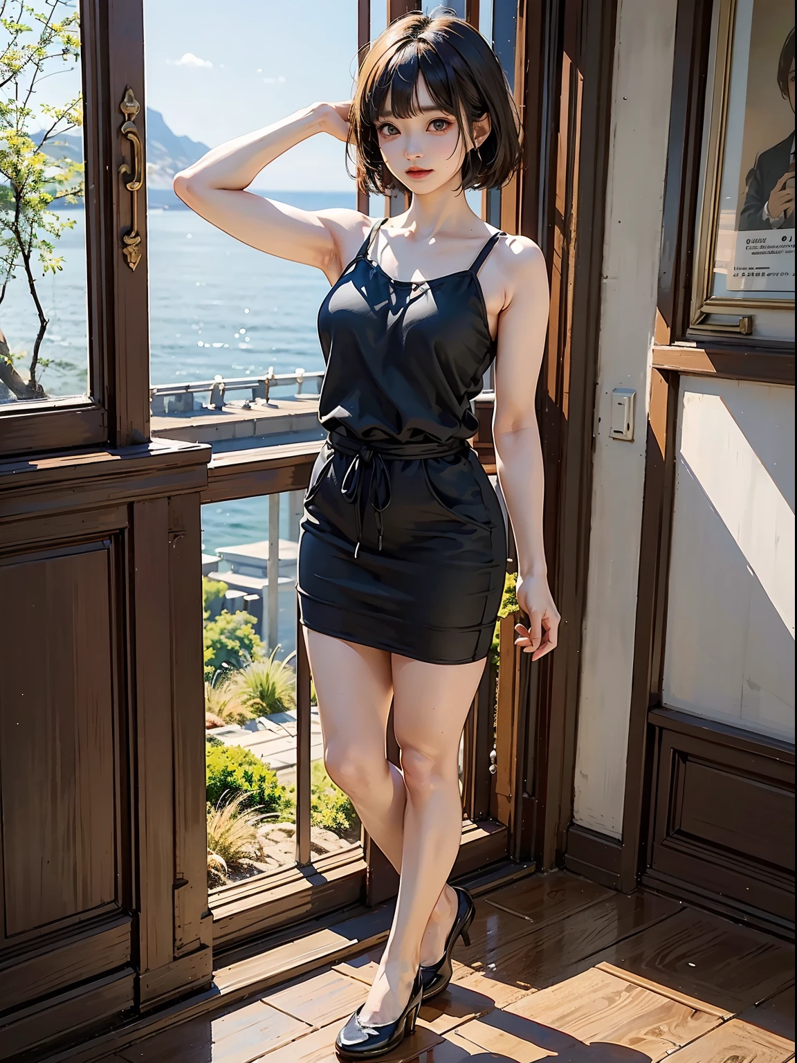 (((in 8K. HDR.Hyper-Realism、Masterpiece 1.4、gothic styles、Fantasy Art、retro-futuristic、Cinematic、Detailed details、Live Photo 1.4, Best quality1.4、 Ultra Detailed 1.4、masterpiece:1.4、Insanely detailed、Perfect Shading、Low Angle Full Body Shot 1.4、One photo、Commercial Photography 1.4、Solo Photography、Sony alpha、50mm Lens、)))、(An old house by the sea、Standing on the windowsill、Hair fluttering in the wind)(((Tank Tops、skirt by the)))、(((Japan Female, 18year old、Small face 1.4、、Blunt bangs、a short bob、bobhair、A dark-haired、Five Fingers、full body picture 1.4)))、(small tits、Muscular arms and legs、Plump waist circumference、Detailed skin with blood vessels showing through、Beautiful skin shining with sweat、Detailed skin with visible pores、Realistic, Detailed skin of downy hair、Real and Detailed Skin、extremely detailed and beautiful face、Beautiful well-proportioned face、Very pretty face、Darkened armpits、Detailed skin)