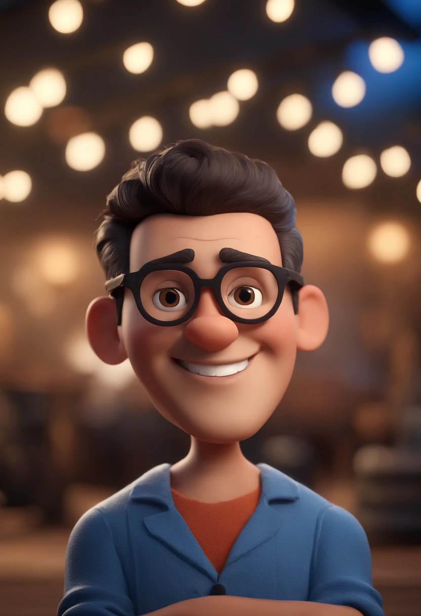 Cartoon character of a man with black glasses and a blue shirt, animation character, Caractere estilizado, animation style rendering, 3D estilizado, Arnold Maya render, 3 d render stylized, toon render keyshot, Personagem 3D, Personagem 3D, 3d rendering stylized, 3 d character render, personagem de desenho animado, Personagem de close up, Pose de personagem, (Estilo Pixar) (master part:1.2) (Bokeh) (best quality) (pele detalhada) (textura detalhada) (8k) (argila) (Cinematic lighting) (foco nítido