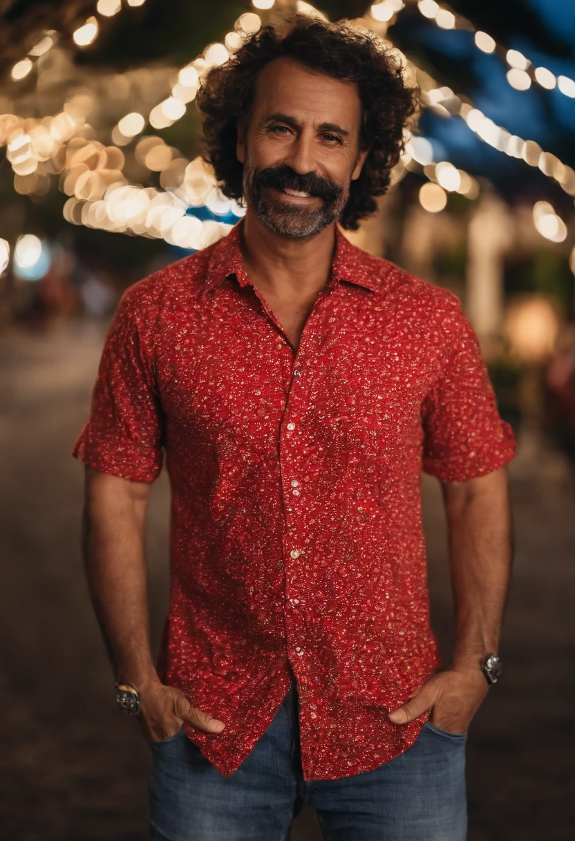 Imagem de um homem de 42 anos, cabelos grisalhos escuros, flamengo shirt for a story in a YouTube video in Pixar format, He's a fan, He's outgoing, Playful and gets up for a lot of things