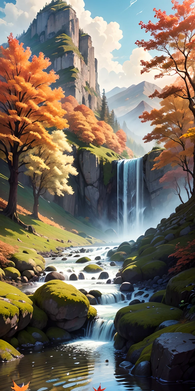 top-quality、Top image quality、​masterpiece、A small waterfall floating in a valley with beautiful autumn leaves