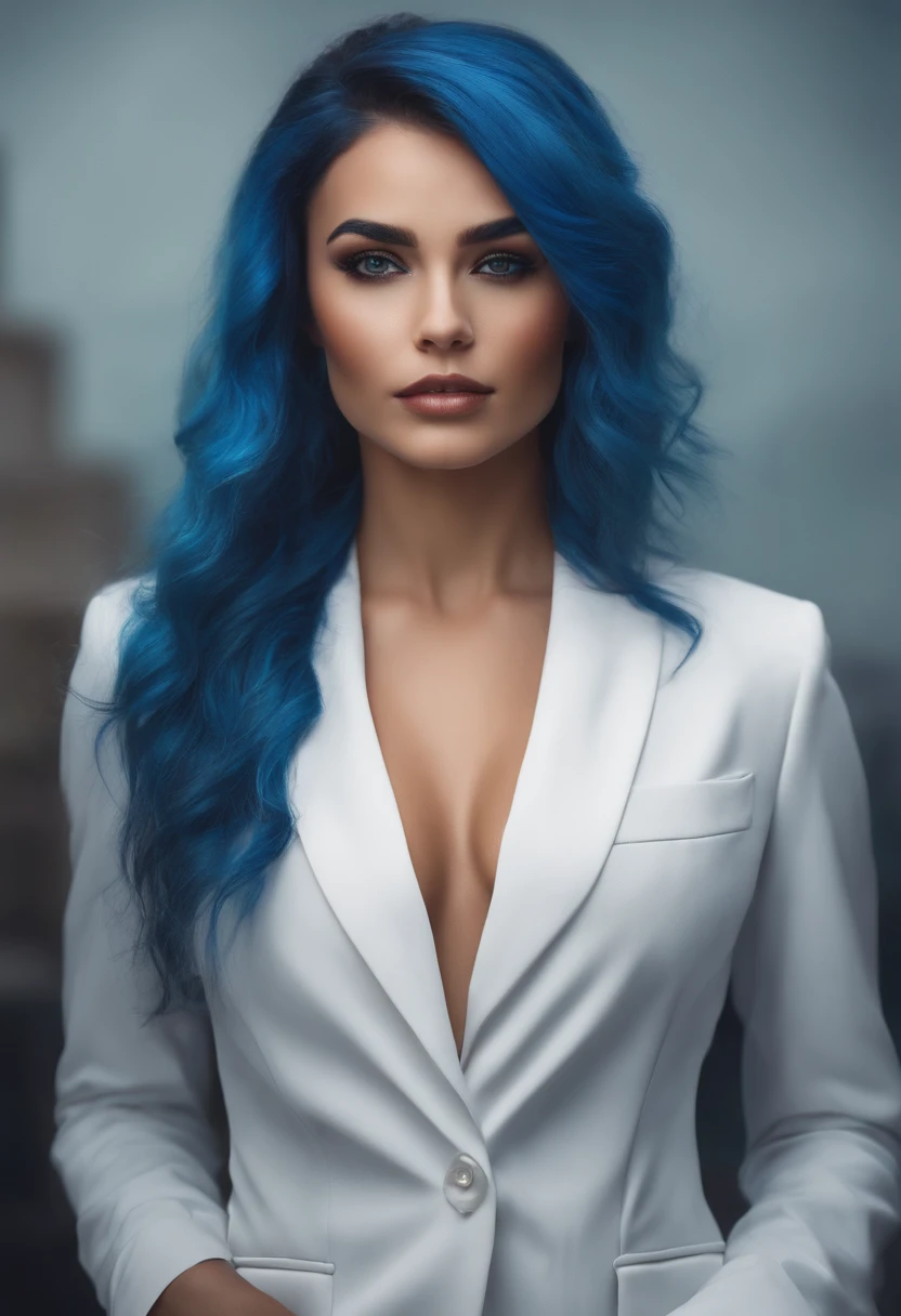 Realistic face of a girl with blue hair, in a business white suit