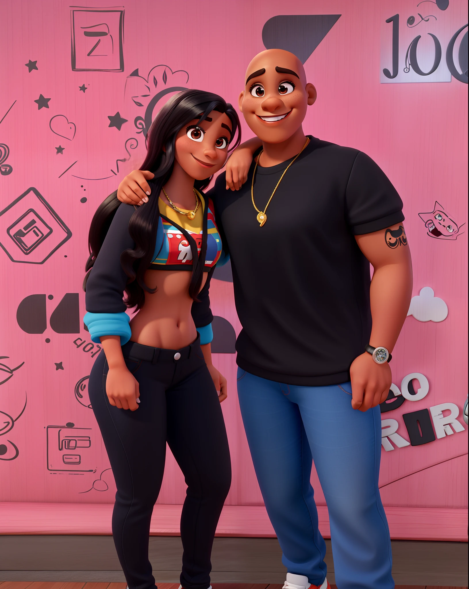 Mulher sorrindo cabelo preto, homem moreno , careca, sorrindo, estilo Disney Pixar,alta qualidade, melhor qualidade.