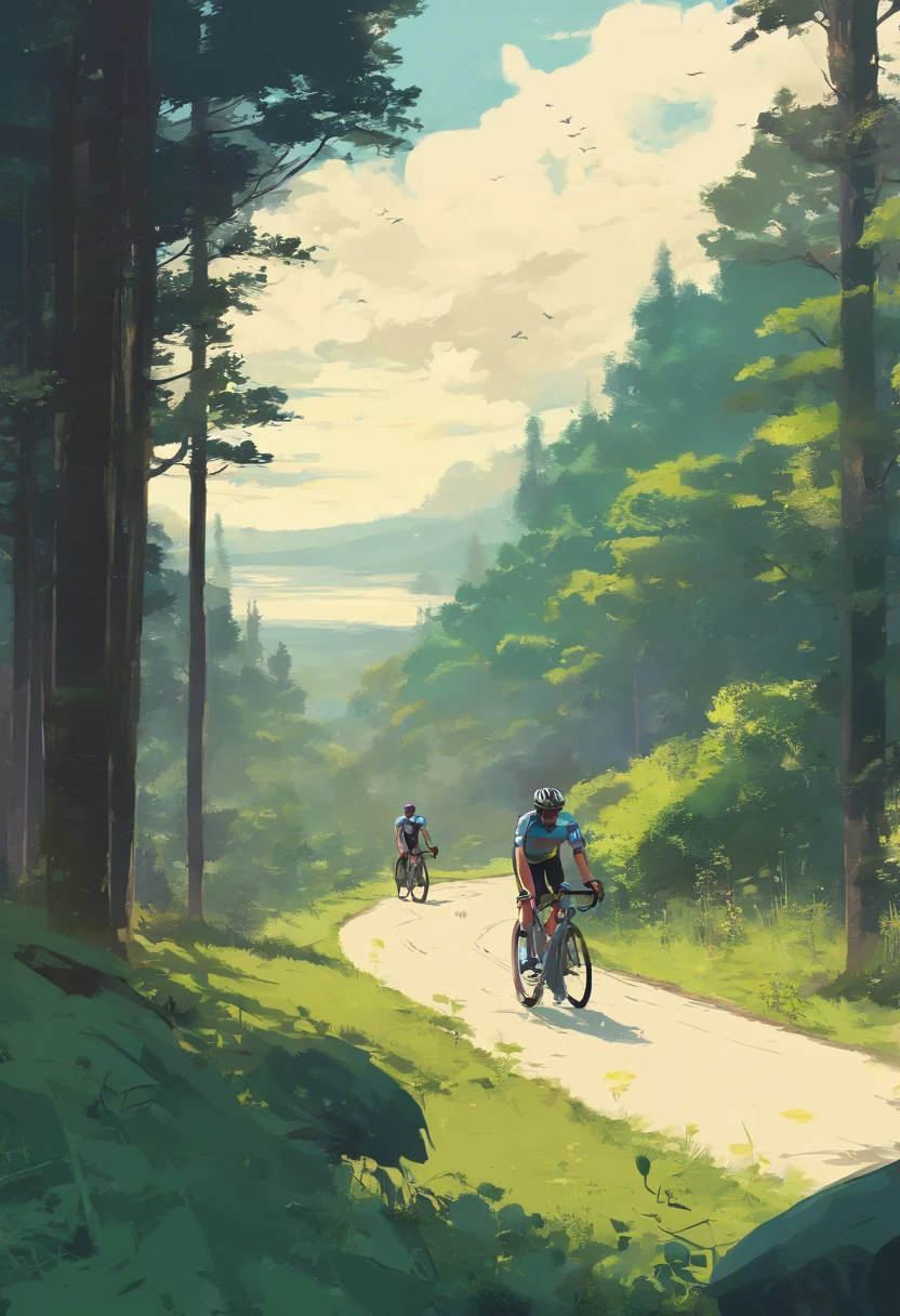 (bike: 1.5), (Realistic bike: 1.5), (Realistic cyclists: 1.5), Cyclists return to the foreground, Loepfe view, Nature, Sun, forest, Clearing, bushes, Landscape background, Shadows, Contrast, Makoto Shinkai (Best quality:1.3), (A high resolution:1) Studio Ghibli-inspired art, Vibrant colors, Impressionism