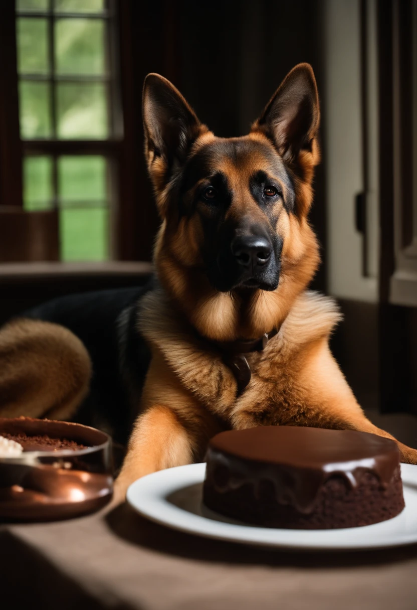 Photograph of a German Shepherd dog sitting next to a chocolate cake, warm atmosphere, Captured by Panavision Panaflex Platinum Camera with Panavision Primo Primes Spherical Lens 50mm T1.9