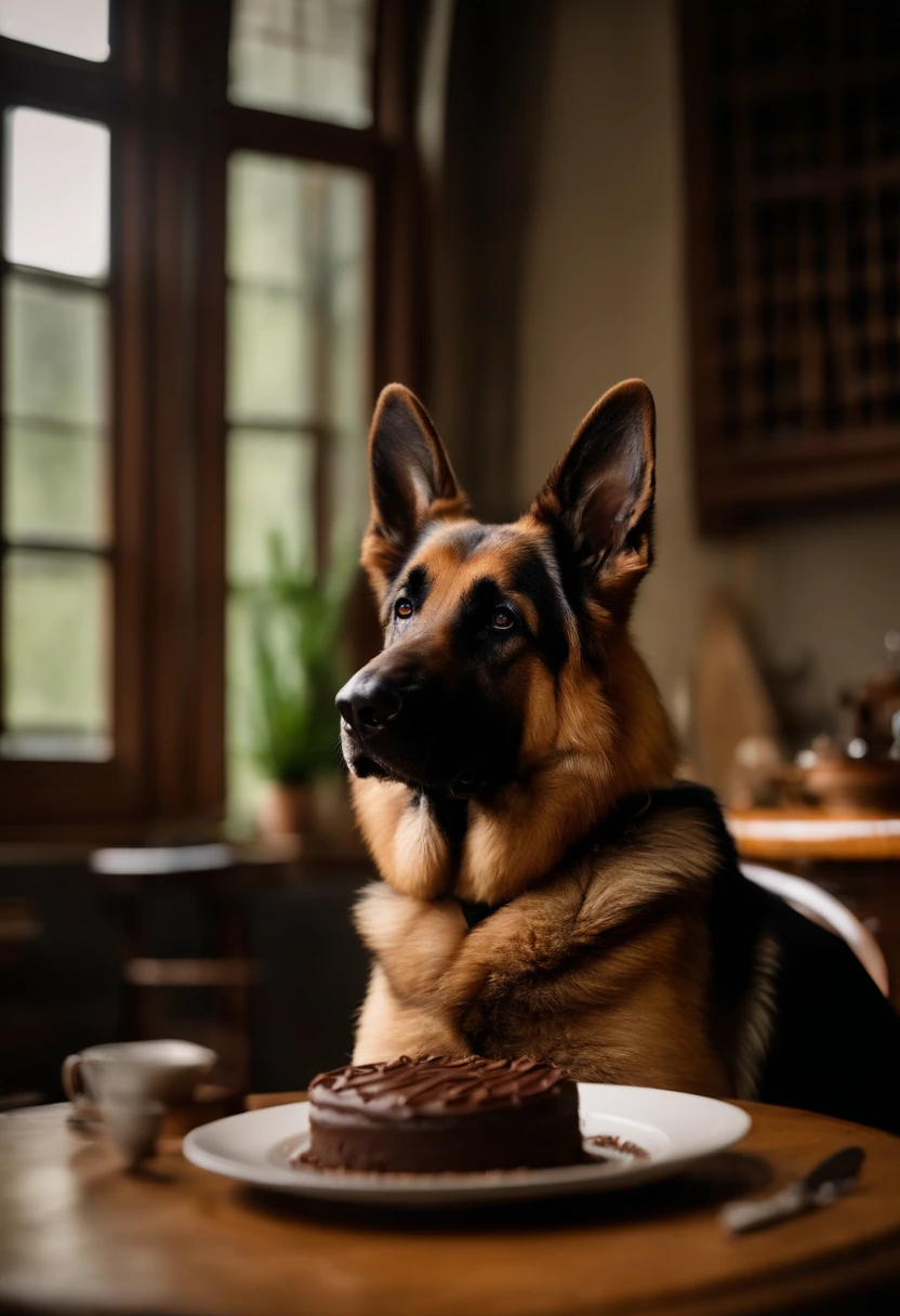 Photograph of a German Shepherd dog sitting next to a chocolate cake, warm atmosphere, Captured by Panavision Panaflex Platinum Camera with Panavision Primo Primes Spherical Lens 50mm T1.9