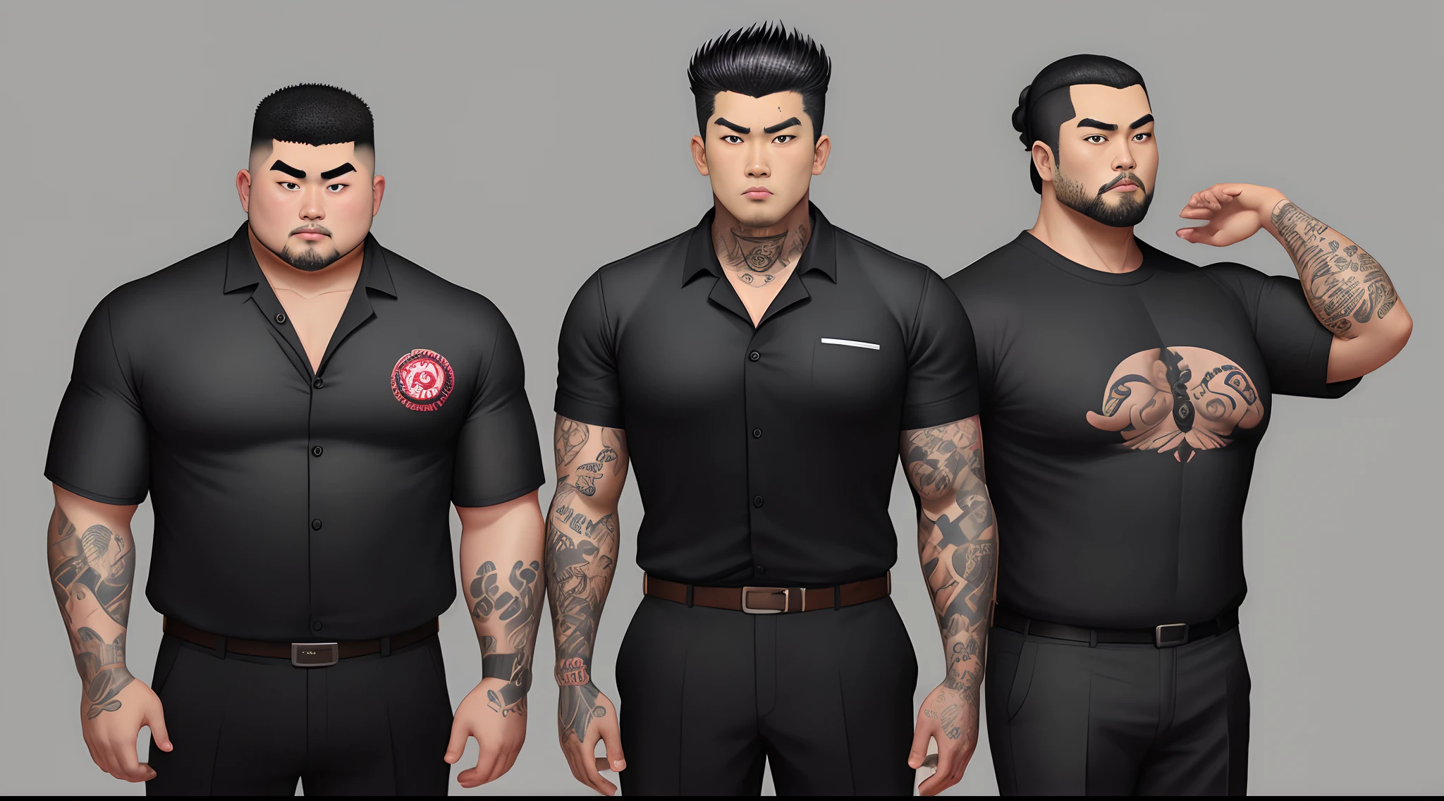 Make a disney pixar style drawing with the title satoshi jr. Homem 40 anos ,alto, Japanese Asian , totalmente calvo, acima do peso ,ombros largos , thick arms , cavanhaque , Japanese character tattoo on forearm ,usa camisa social preta , black dress pants , He is a member of the Japanese yakuza mafia