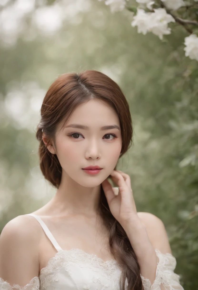 Un primer plano de una mujer con un vestido blanco posando para una foto, Diosa japonesa, escote, Yoshitomo Nara, Chica coreana, beautiful asian girl, Hermosa joven coreana, sexy girl, Hermosa mujer surcoreana, OPPAI, Asian, tetona, Asian girl, buena joven, japanese model, 1 8 yo, hiperrealista