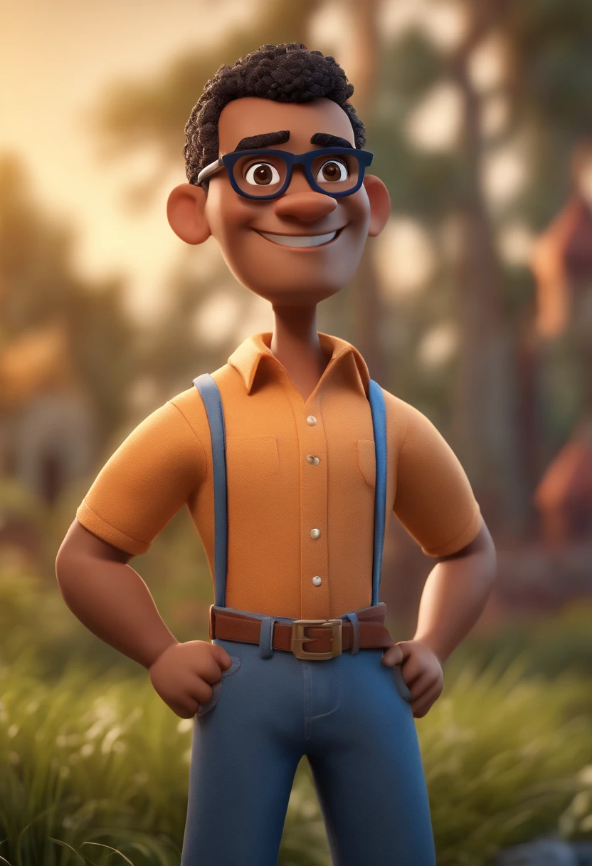 Cartoon character of a mulatto man wearing black glasses and a blue shirt, um personagem animado, Caractere estilizado, animation style rendering, 3D estilizado, Arnold Maya render, 3 d render stylized, toon render keyshot, Personagem 3D, Personagem 3D, 3d rendering stylized, 3 d character render, personagem de desenho animado, Personagem de close up, Pose de personagem, (Estilo Pixar) (master part:1.2) (Bokeh) (best quality) (pele detalhada) (textura detalhada) (8k) (argila) (Cinematic lighting) (foco nítido,Senta e vaza a parte superior do corpo