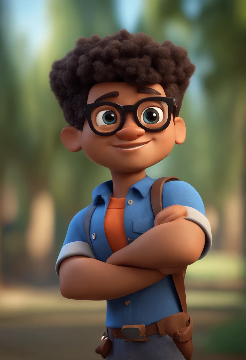 Cartoon character of a mulatto man wearing black glasses and a blue shirt, um personagem animado, Caractere estilizado, animation style rendering, 3D estilizado, Arnold Maya render, 3 d render stylized, toon render keyshot, Personagem 3D, Personagem 3D, 3d rendering stylized, 3 d character render, personagem de desenho animado, Personagem de close up, Pose de personagem, (Estilo Pixar) (master part:1.2) (Bokeh) (best quality) (pele detalhada) (textura detalhada) (8k) (argila) (Cinematic lighting) (foco nítido,Senta e vaza a parte superior do corpo