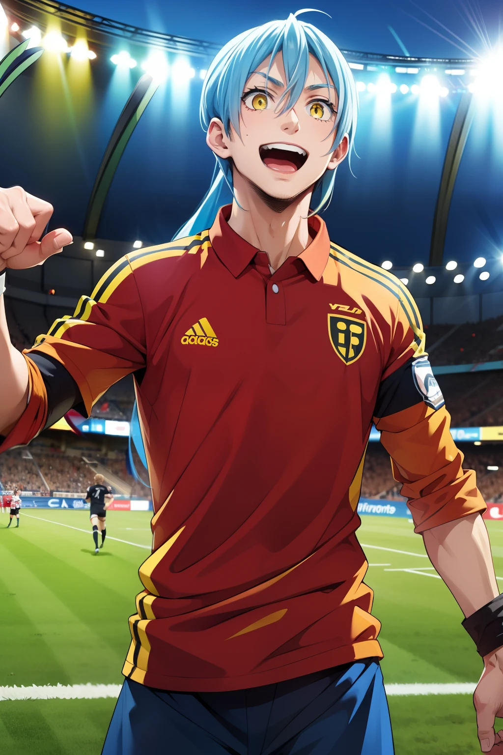 Rimuru tempest, (yellow eyes), footballer, celebrating his first goal,