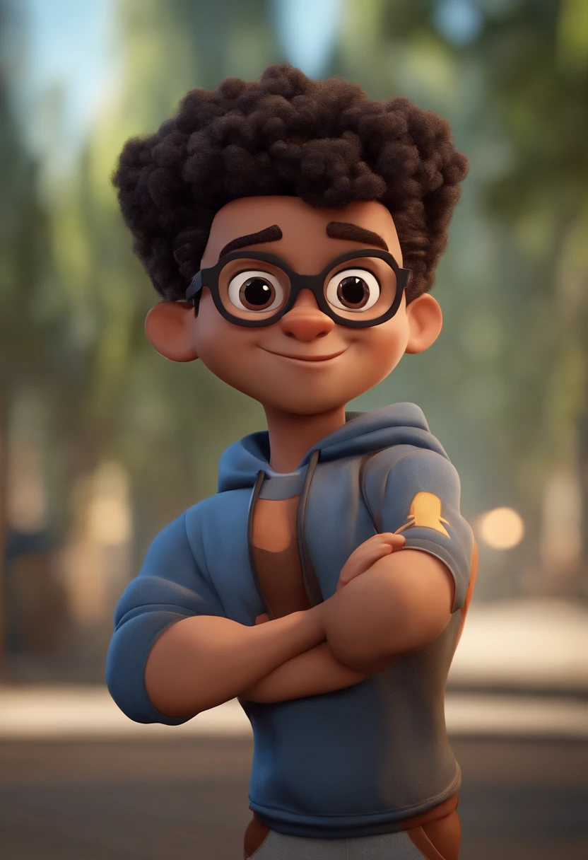 personagem dos desenhos animados de um homem negro, jovem, com 26 anos, Wearing black glasses and a blue sweatshirt, cabelo crespo, cortado em estilo americano, animation character, Caractere estilizado, animation style rendering, 3D estilizado, Arnold Maya render, 3 d render stylized, toon render keyshot, Personagem 3D, Personagem 3D, 3d rendering stylized, 3 d character render, personagem de desenho animado, Personagem de close up, Pose de personagem,  (Estilo Pixar) (master part:1.2) (Bokeh) (best quality) (pele detalhada) (textura detalhada) (8k) (argila) (Cinematic lighting) (foco nítido