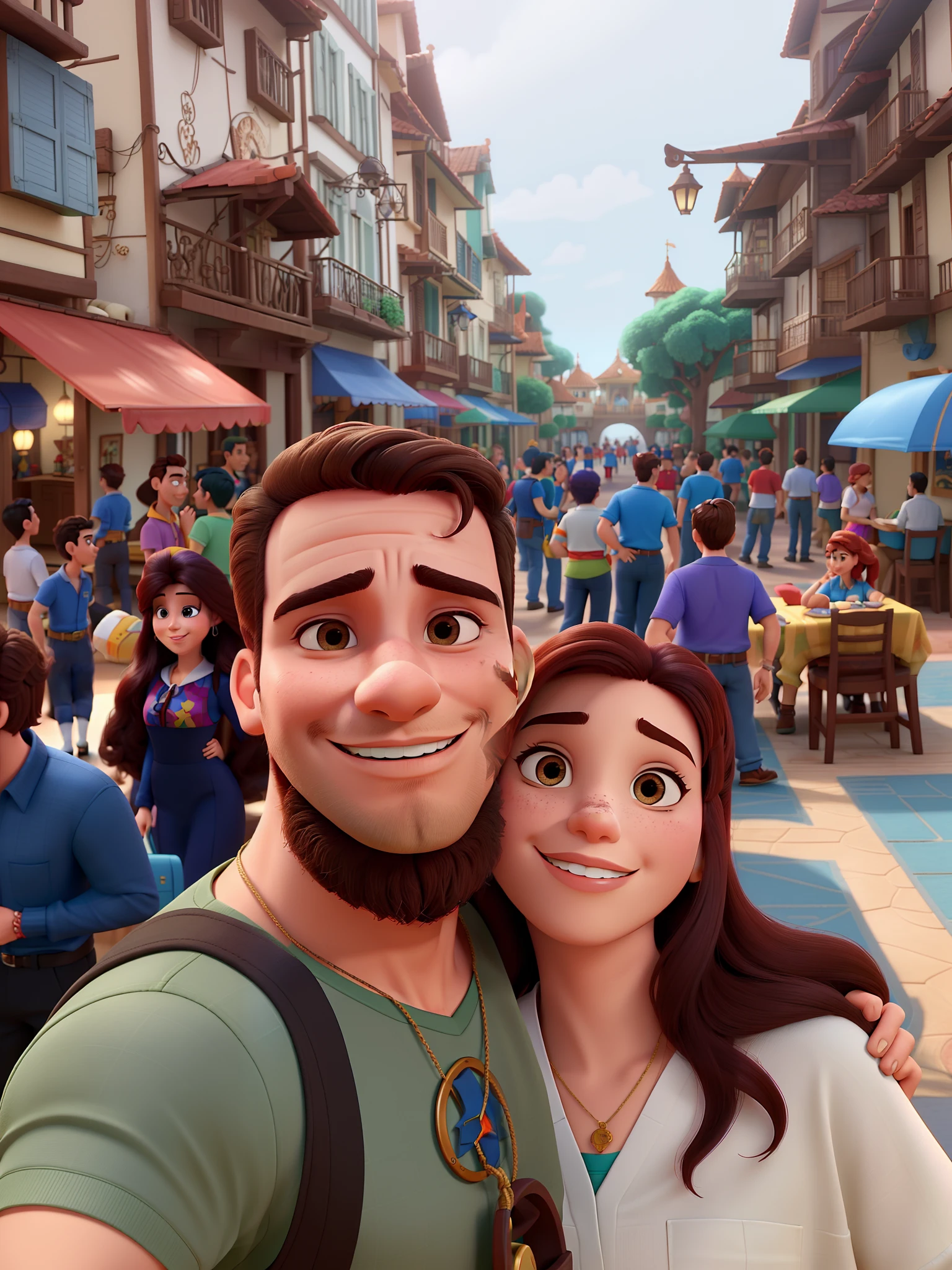 Casal (homem moreno e mulher branca) no estilo Disney Pixar, alta qualidade, melhor qualidade.