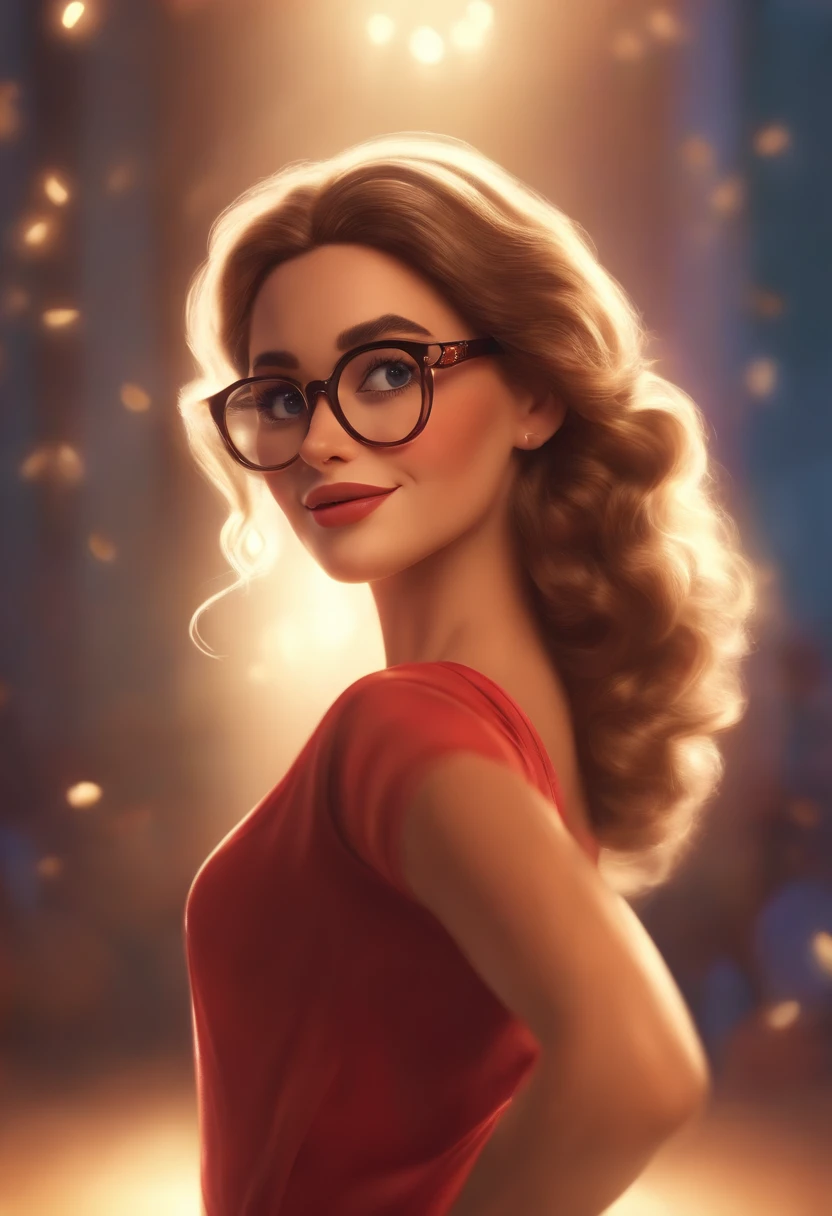 "(best quality,ultra-detalhado,Realistic:1.37),3D rendering,illustration,design de personagens,cabelos curtos e cacheados escuros,belos olhos detalhados,wearing white glasses,Estilo Pixar,morena mulher,Dancing on the Disney stage,atmosfera animada,vivid colors,luzes de palco,expression joyful"