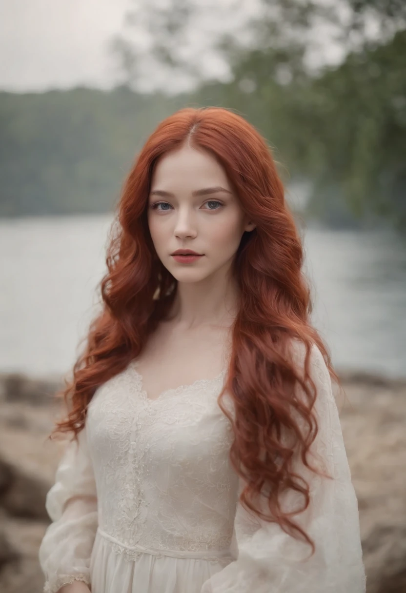 girl,long whitr hair,curlies,Red hair ends,face expressionless,Thin,bust