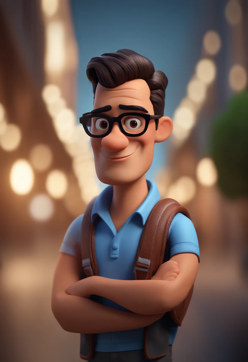 Cartoon character of a man with black glasses and a blue shirt, animation character, Caractere estilizado, animation style rendering, 3D estilizado, Arnold Maya render, 3 d render stylized, toon render keyshot, Personagem 3D, Personagem 3D, 3d rendering stylized, 3 d character render, personagem de desenho animado, Personagem de close up, Pose de personagem, (Estilo Pixar) (master part:1.2) (Bokeh) (best quality) (pele detalhada) (textura detalhada) (8k) (argila) (Cinematic lighting) (foco nítido