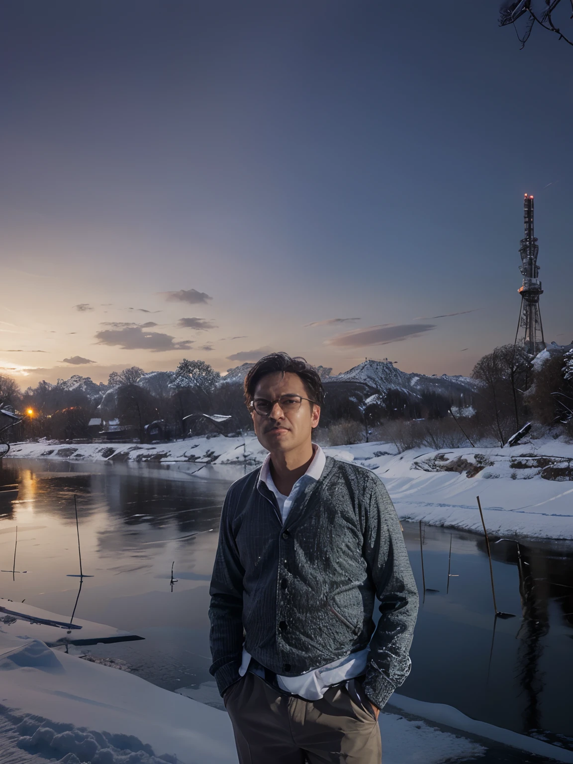 4k resolution, snow background, real face, river in background,